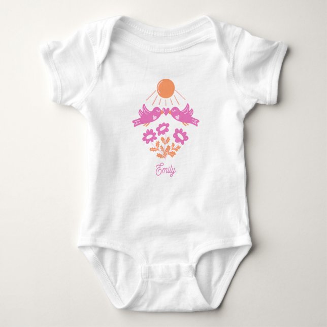 Baby’s First Spring Bodysuit – Pink Birds Daisy (Front)