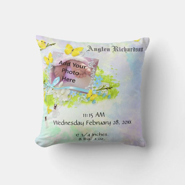 Baby’s Yellow Bird and Butterfly Photo Frame Cushion (Front)