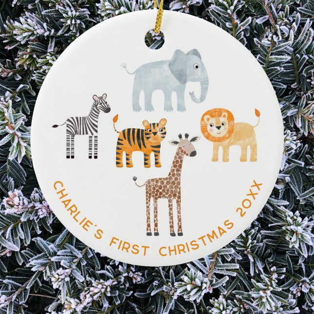 Baby Safari Animal Personalised First Christmas Ceramic Ornament (Safari baby animal themed baby's first Christmas personalized custom text ornament)