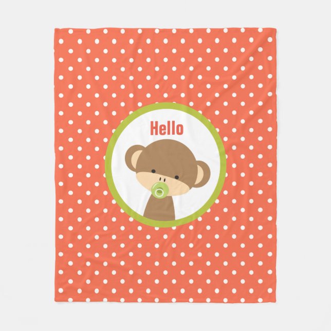 Baby Safari Monkey with Pacifier Hello Fleece Blanket (Front)