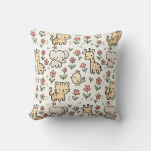 Baby Safari Wildlife With Doodle Flowers Cushion