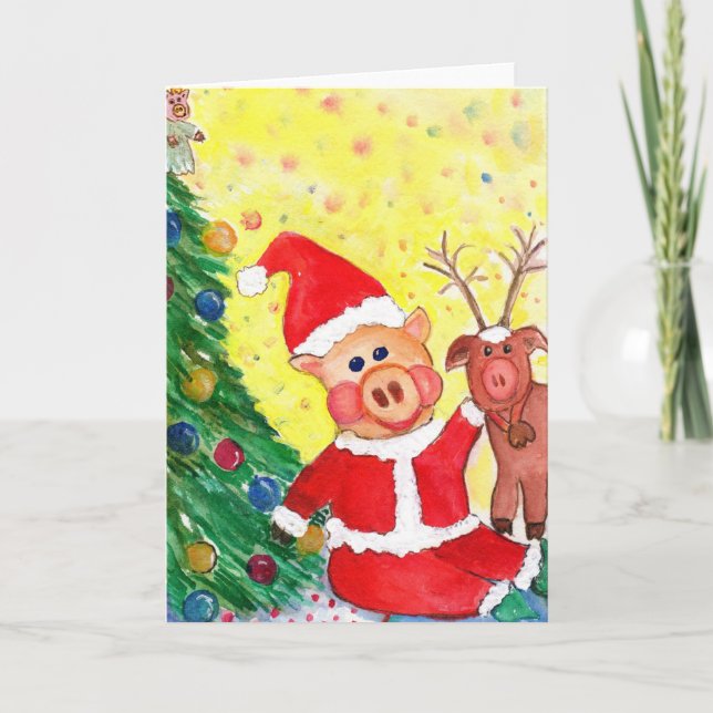 Baby Santa Piglet and Rein-pig by Christmas Tree Holiday Card (Front)