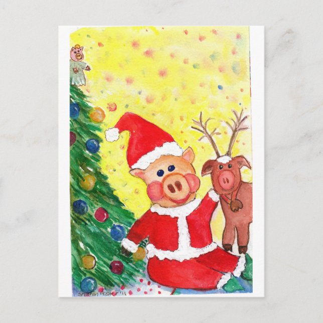 Baby Santa Piglet and Rein-pig by Christmas Tree Holiday Postcard (Front)