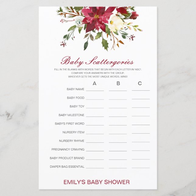 Baby Scattergories Baby Shower Game PRINTED (Front)