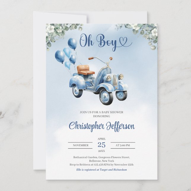 Baby scooter balloons eucalyptus boy Baby Shower Invitation (Front)