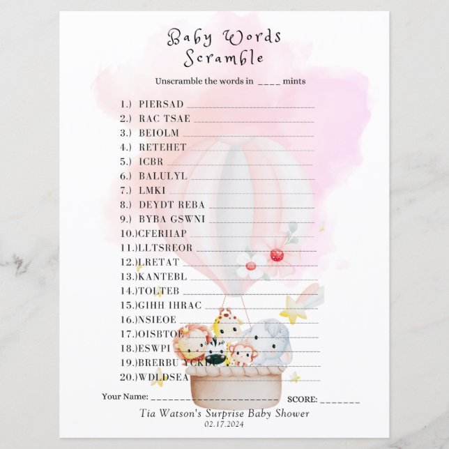 Baby Scramble Word Game Paper Sheet (Front)