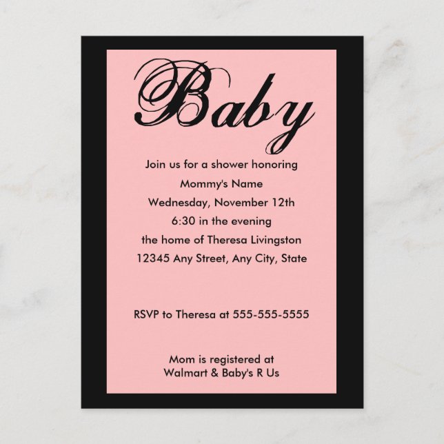 Baby Script Baby Shower Invitation Pink Postcard (Front)