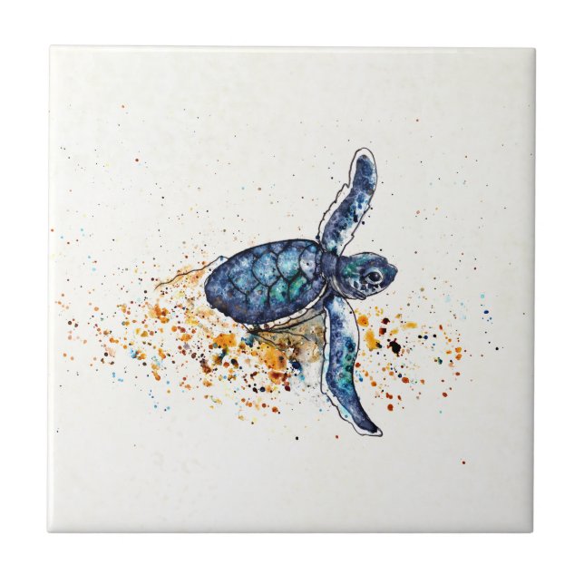 Baby sea turtle emerging from the sand ceramic tile (Front)