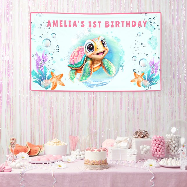 Baby Sea Turtle Girl 1st Birthday Party Banner (sea turtle cute colorful summer birthday party banner for girl's 1st birthday)