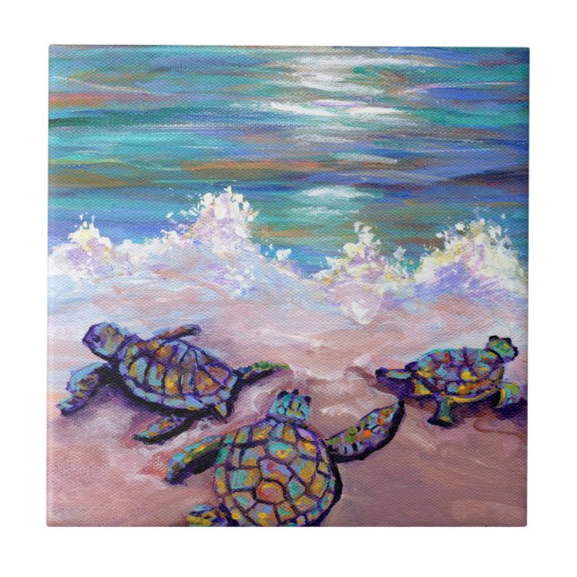 Baby Sea Turtles at the Beach Ceramic Tile (Front)