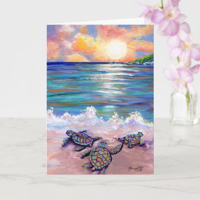 Baby Sea Turtles at the Beach Greeting Card (Orchid)