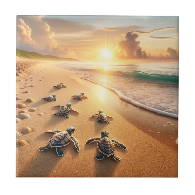 Baby Sea Turtles heading to the Ocean at the Beach Ceramic Tile (Front)