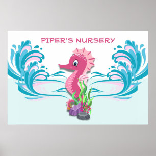 Baby Seahorse Pink Personalised 36"x24" Nursery Poster