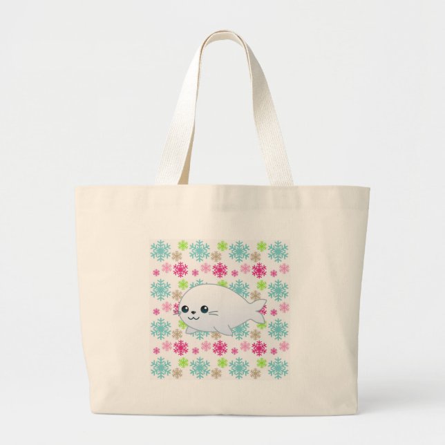 Baby Seal & Colour Snowflakes Large Tote Bag (Front)