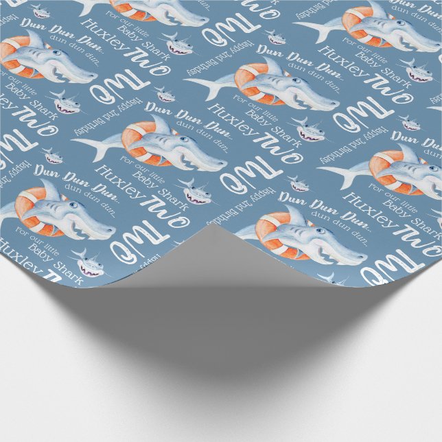 Baby shark 2nd birthday custom watercolor art wrapping paper (Corner)