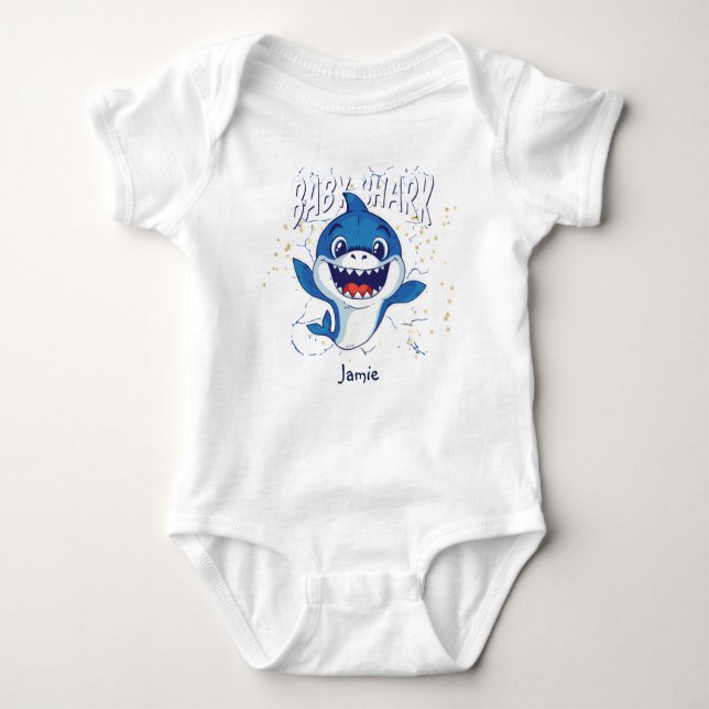 Baby Shark Blue White Cute Funny Baby Shower Named Baby Bodysuit (Front)