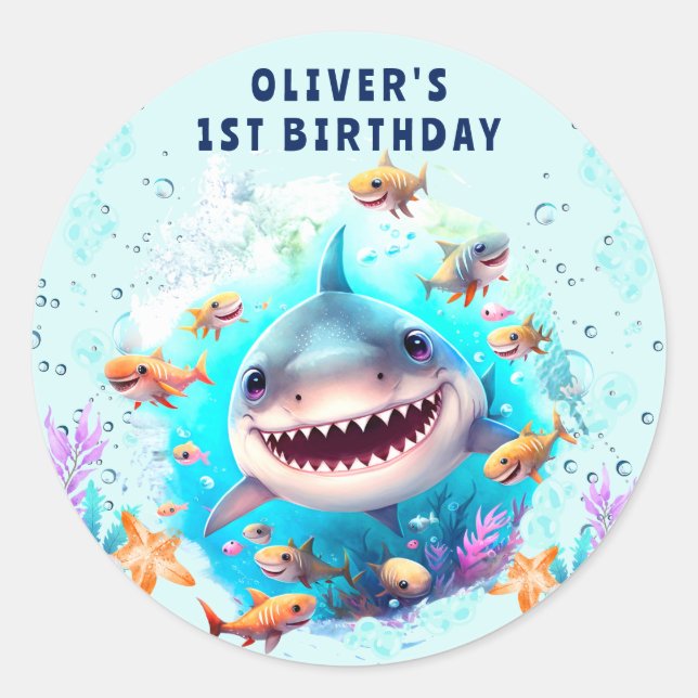 Baby Shark Boy 1st Birthday Stickers (Front)