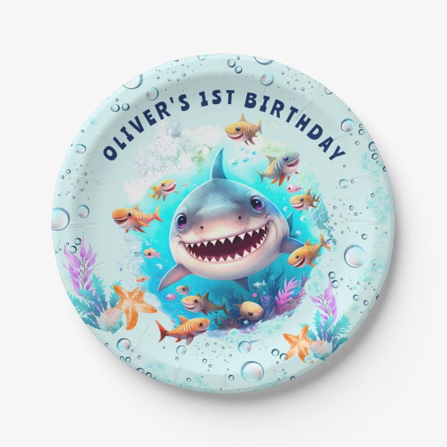 Baby Shark Boy First Birthday Party Paper Plate (Front)