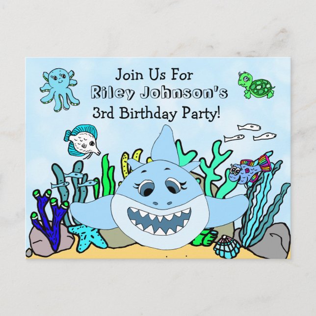 Baby Shark Family Custom Birthday Invitation Postcard (Front)