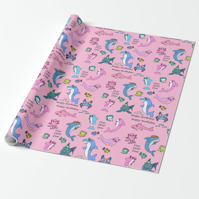 Baby Shark Family Doo Doo Happy Birthday Wrapping Paper (Unrolled)