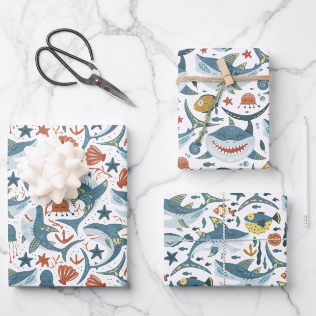 Baby Shark Pattern Wrapping Paper Sheets Set of 3 (Front)