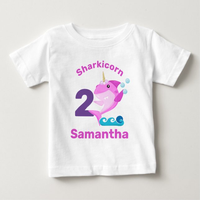 Baby Shark Pink Unicorn Custom Age Name T-Shirt (Front)