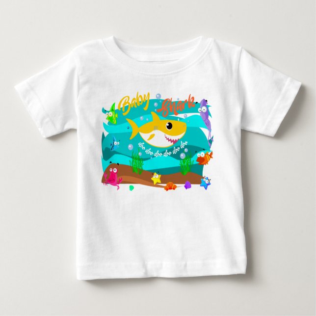 Baby Shark Swimming in Ocean with Fish Doo Doo Doo Baby T-Shirt (Front)