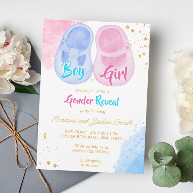 Baby shoes boy or girl pink blue gender reveal  invitation (Baby shoes pink and blue gender reveal template invitation instant download boy or girl he or she)