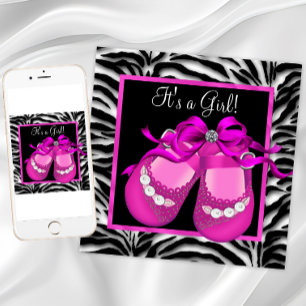 Baby Shoes Hot Pink Zebra Baby Girl Shower Invitation