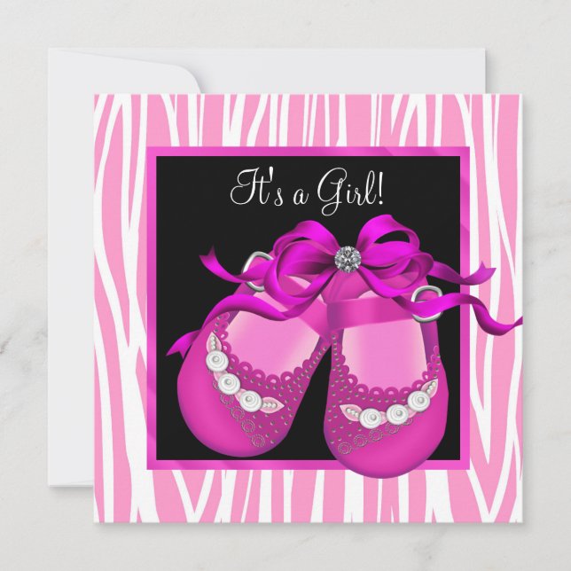 Baby Shoes Hot Pink Zebra Baby Girl Shower Invitation (Front)