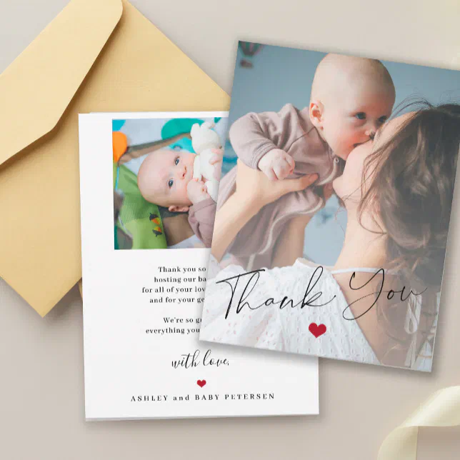 Baby shower 2 photos simple script modern thank you card | Zazzle