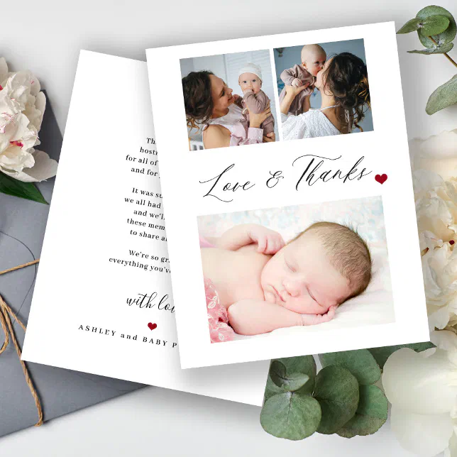 Baby shower 3 photo collage love and thanks script thank you card | Zazzle
