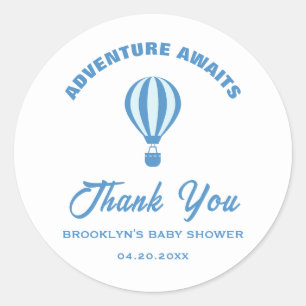 Baby Shower Adventure Awaits Fun Trendy Blue White Classic Round Sticker