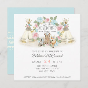 Baby Shower Adventure Begin Teepee Bear Deer Blue Invitation