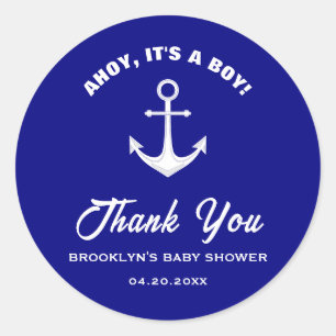 Baby Shower Ahoy Its A Boy Anchor Navy Blue White Classic Round Sticker