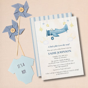 Baby Shower Airplane Cloud Blue Stripes Modern  Invitation