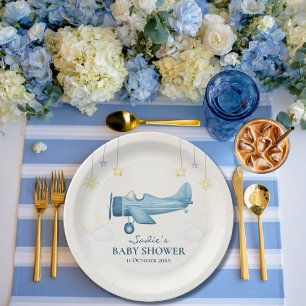 Baby Shower Airplane Clouds Stars Cute Blue Modern Paper Plate