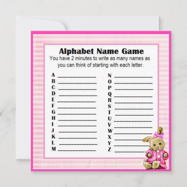 Baby Shower Alphabet Name & Bingo Game Pink Bunny Invitation (Front)