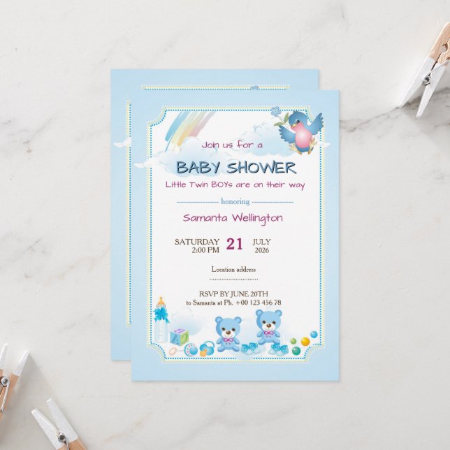 baby shower announcement for TWIN BOYs (Front/Back In Situ)