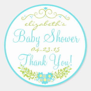 Baby Shower Aqua Blue and Green Floral Classic Round Sticker