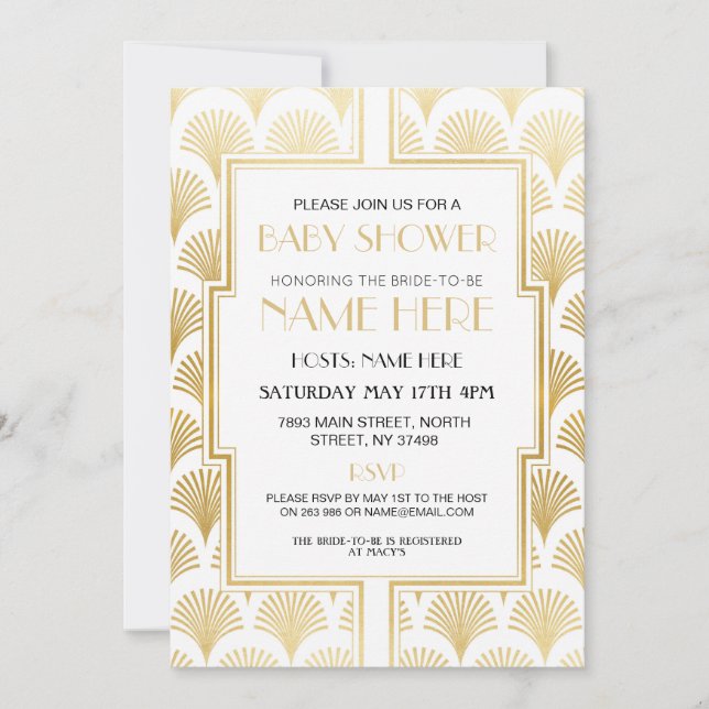 Baby Shower Art Deco 1920s White & Gold Gatsby Invitation (Front)
