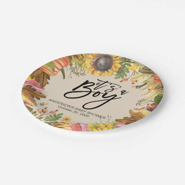 Baby Shower Autumn Maple Leaves Pumpkins Sunflower Paper Plate (Angled)