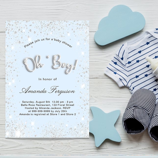 Baby Shower baby blue boy silver glitter Invitation (Creator Uploaded)