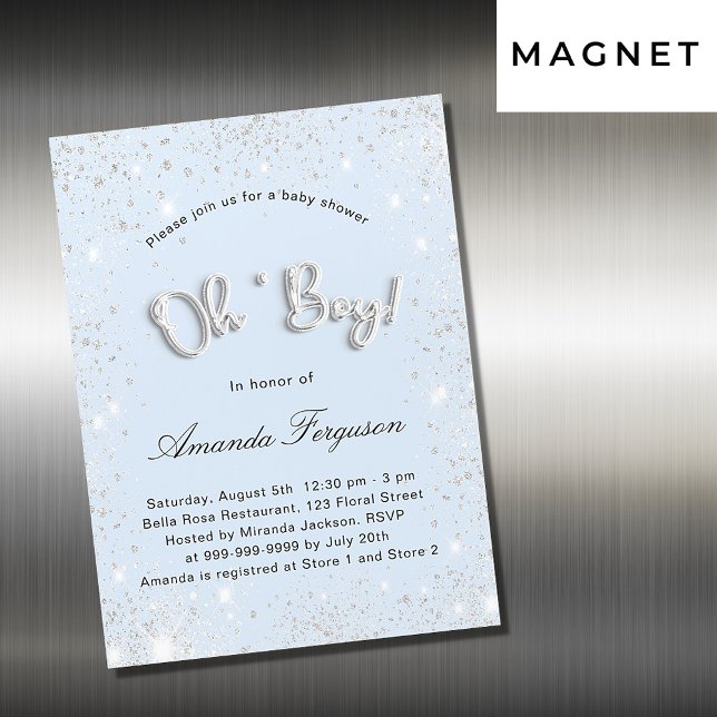 Baby Shower baby blue boy silver sparkle luxury Magnetic Invitation (Creator Uploaded)