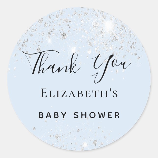 Baby Shower baby blue silver glitter Thank You  Classic Round Sticker (Front)