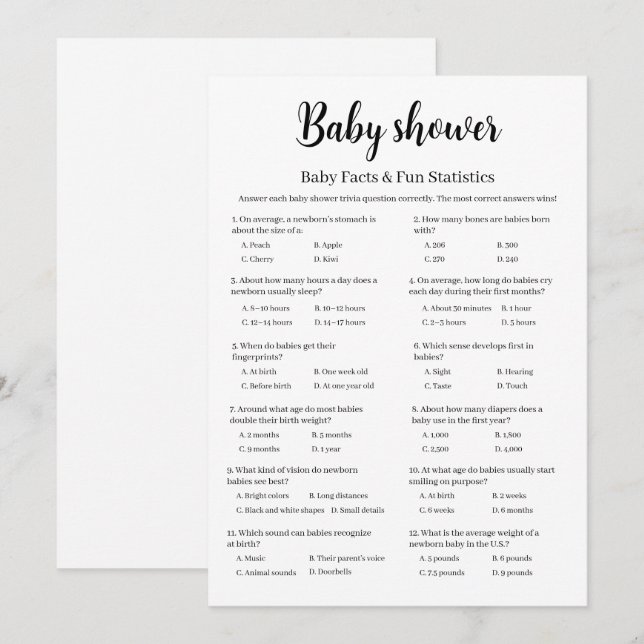 Baby Shower Baby Facts & Fun Statistics Game Invitation (Front/Back)