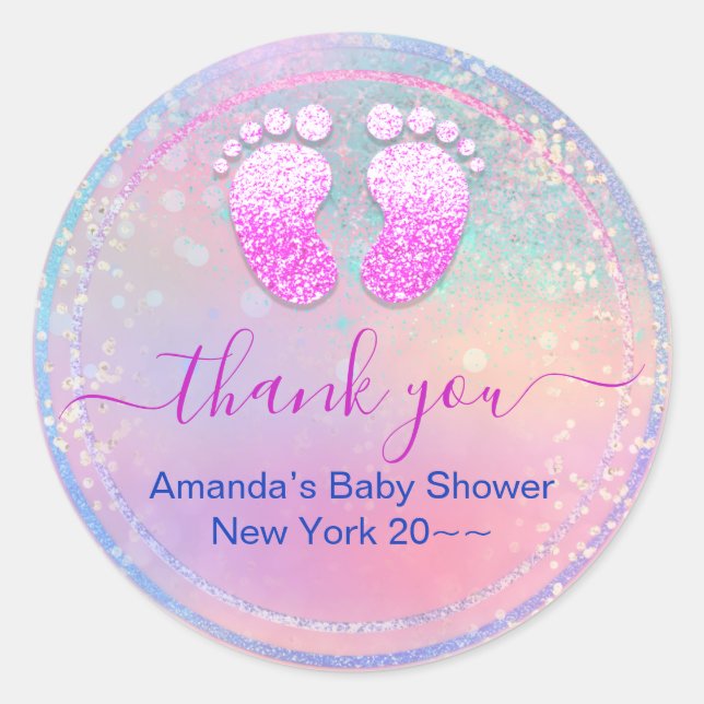 Baby Shower Baby Girl Holographic Pink  Feet Classic Round Sticker (Front)