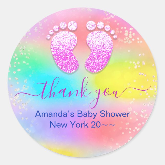 Baby Shower Baby Girl Holographic Unicorn Feet Classic Round Sticker (Front)