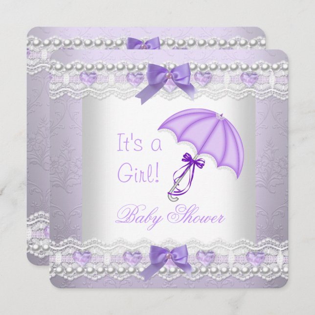 Baby Shower Baby Girl Lavender White Umbrella Invitation (Front/Back)