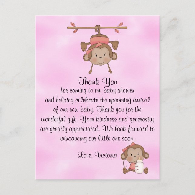 Baby Shower Baby Girl Monkey Postcard (Front)